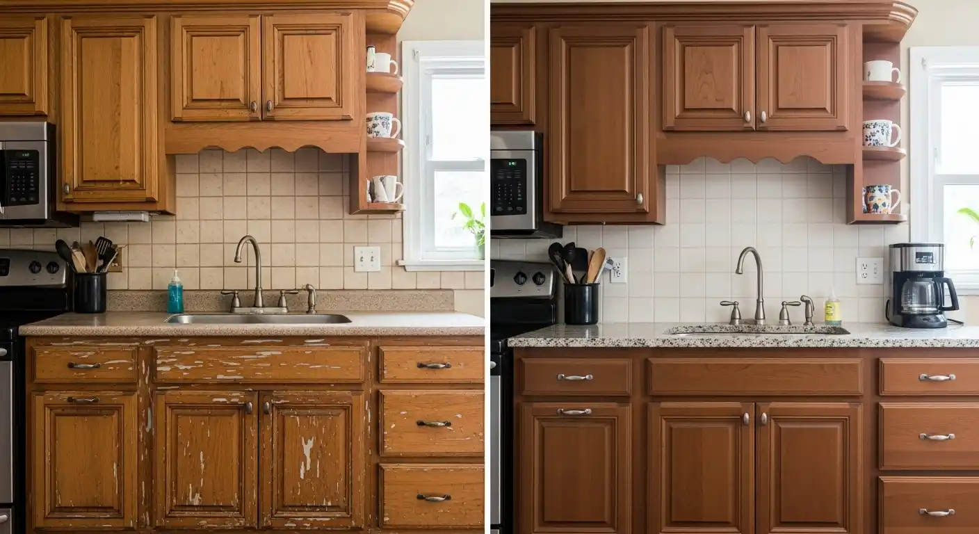 before and after kitchen cabinet staining