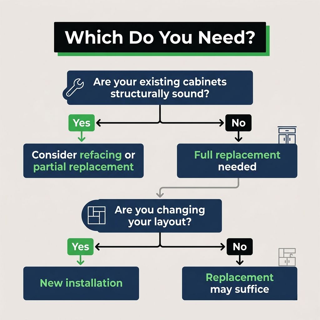 Flowchart showing how to choose between cabinet refacing, replacement, or new installation based on cabinet condition and layout changes. Glendora Kitchens